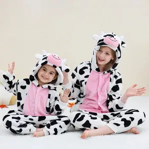 Kids flannel cartoon cow onesie pajamas, cute animal hooded jumpsuit for sleepwear and party.
