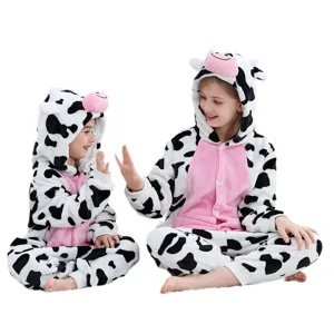 Kids cow flannel onesie pajamas, cute animal jumpsuit sleepwear for boys and girls festivals.