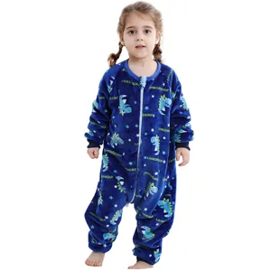 Kinder Flanell Dinosaurier Strampler süße blaue Winter Schlafanzug kuscheliger Babyschlafanzug