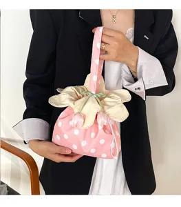Borsa a mano in tessuto a pois in stile coreano con colletto floreale e coulisse, portatile.