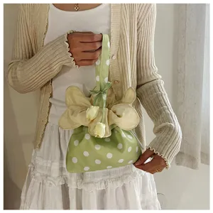 Borsa a mano in tessuto a pois in stile coreano con coulisse floreale per uso quotidiano primaverile.