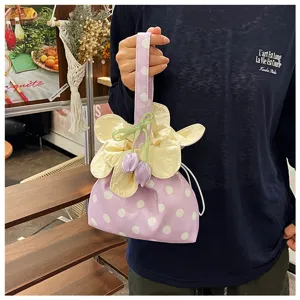 Borsa a mano con coulisse a fiori a pois carini in stile coreano per donna casual.