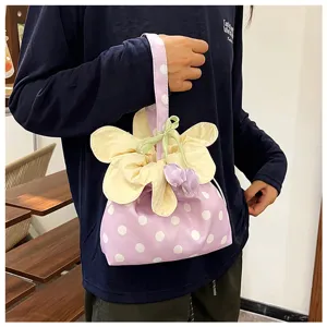 Borsa a mano con coulisse a fiori a pois in stile coreano per donna, borsa in tessuto carina.