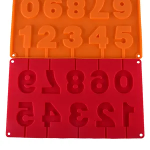 Silicone number lollipop mold detail view, flexible baking tool for chocolate and candy.