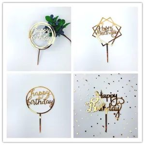 Καθρέφτης Χρυσό Ακρυλικό Happy Birthday Cake Topper Γεωμετρικό Γράμμα Διακόσμηση Τούρτας για Πάρτι Γενεθλίων