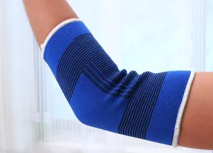 Blue black knitted sports elbow pad for joint protection, breathable fitness arm sleeve.