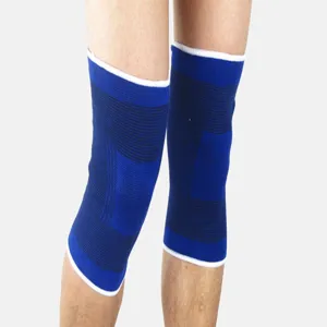 Detail view of elastic sports knee pads showing breathable knit texture and blue color.