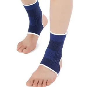 Detailed view of elastic blue ankle brace showing knitted support and white trim design.