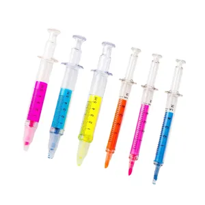 Creatieve spuit vorm 6-kleuren markeerstift set, schattige schuine punt briefpapier.