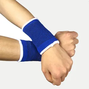 Essential sports wrist support bands in blue and white knit fabric for adult training fitness protection.