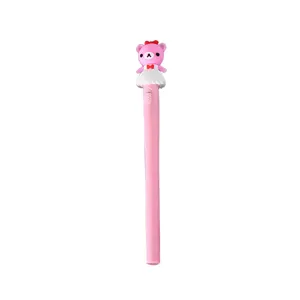Cute pink luminous pen with cartoon bear top, creative student stationery for writing.