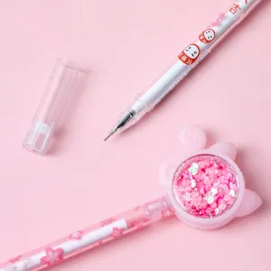 Cute cat gel pen with glitter sequins and cherry blossom design for students and exam writing.