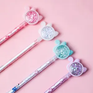 Cute Cat Gel Pen Sequin Liquid Glitter Kawaii Stationery Cat Tail Design Black Ink Signature Pen For Students