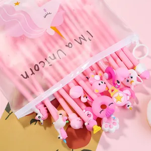 Joli lot de stylos gel kawaii avec trousse transparente, papeterie rose licorne mignonne.