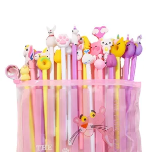 Joli set de stylo gel de dessin animé avec trousse rose, papeterie créative pour étudiants.