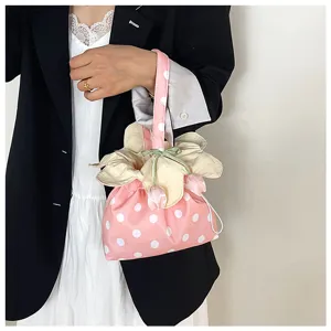 Borsa a mano in tessuto a pois fiori stile coreano con coulisse portatile quotidiana