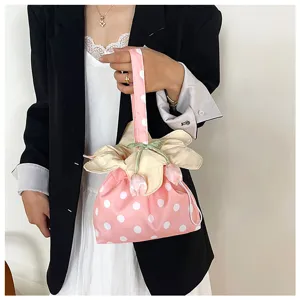 Borsa a mano in tessuto a pois rosa con chiusura a coulisse per la primavera e l'estate.