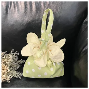Borsa a mano con coulisse a pois fiore stile coreano carina quotidiana in tessuto per donne