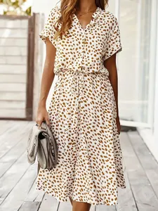 Vestido Casual de Mujer Cuello en V Botón Cintura Atada Manga Corta Verano Corte Recto Largo Poliéster Punto Abstracto