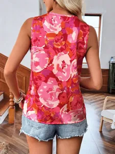 Women summer floral print sleeveless top casual round neck blouse fashion street style apparel