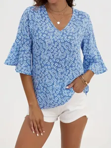 Camicetta Casual Scollo a V Stampa Floreale Manica Corta Larga Estate Commuter Pullover Camicia Top