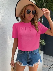 Damen Casual Rundhals Einfarbig Kurzarm Top Lockere Plissee Bluse Sommer Täglich Pendler Basic T-Shirt