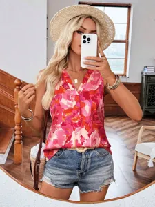 Detailed view of women's floral V-neck sleeveless top, casual summer fashion apparel style.