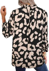 Women leopard print long sleeve blouse mock neck ruffle top casual elegant shirt apparel