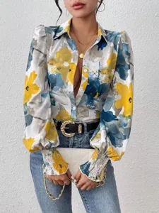 Floral print long sleeve blouse with lapel collar and smocked cuffs for women spring fashion.