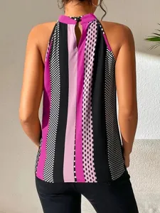 Back view detail of women halter neck sleeveless blouse with colorful stripe and dot print.