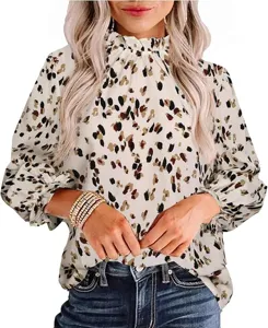 Women's long sleeve ruffled high neck blouse chic abstract print elegant top for daily wear.