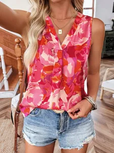 Women's pink floral V-neck sleeveless casual top, stylish summer blouse for daily wear.