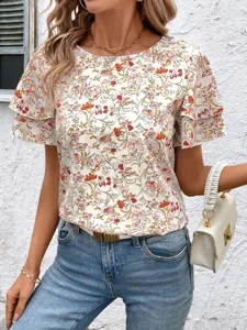 Women floral print short sleeve blouse casual crew neck summer loose top detail view
