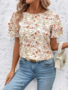 Chic floral print blouse featuring layered short sleeves and casual relaxed fit design.