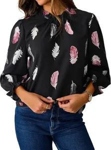 Women long sleeve feather print blouse elegant round neck casual chic fashion top detail