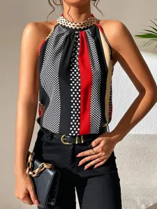 Women summer halter neck sleeveless black red polka dot printed fashion blouse top detail view
