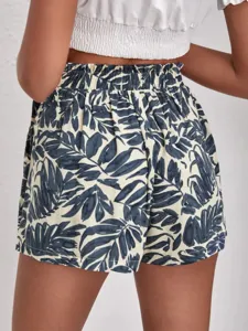 Casual tropical leaf print high waist elastic summer shorts detail view for women style