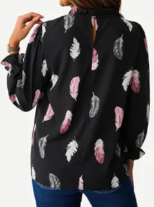 Women long sleeve feather print blouse featuring elegant ruffle mock neck and keyhole back.