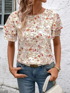 Details of the floral print short sleeve blouse with layered ruffles for casual summer daily wear.