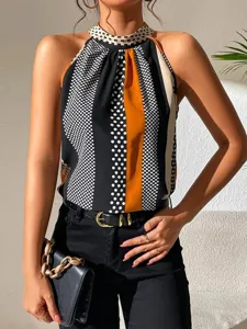 Women halter neck colorblock polka dot striped top elegant summer fashion sleeveless apparel