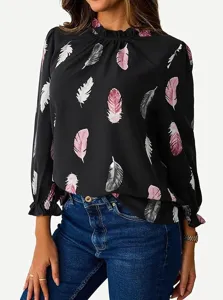 Detailed view of women's long sleeve feather print blouse with elegant ruffle mock neck.