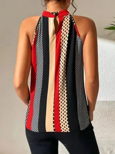 Women summer halter neck geometric polka dot print backless sleeveless blouse detail