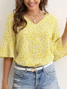 Camicetta floreale estiva da donna con scollo a V top manica corta casual ed elegante.