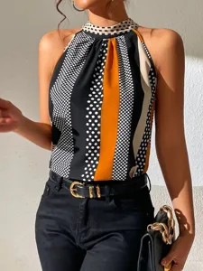 Women's Summer Fashion Halter Neck Stand Collar Polka Dot Stripe Colorblock Sleeveless Slim Fit Casual Tank Top