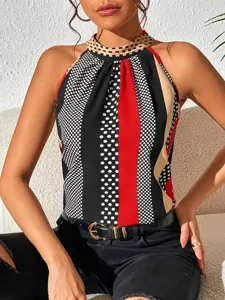 Summer women halter neck sleeveless blouse with chic polka dot and color block print design.
