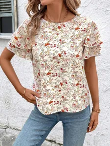 Women floral print short sleeve blouse detail, loose casual round neck summer top.