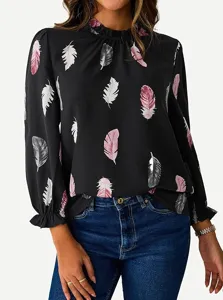 Women's long sleeve black blouse featuring an elegant pink and white feather print design.
