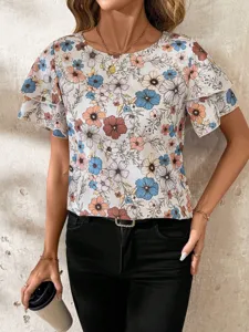 Casual floral print short sleeve blouse for women elegant summer round neck top fashion