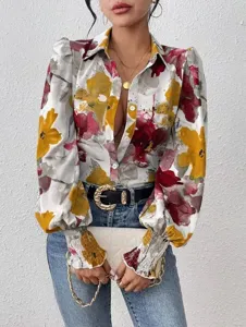 Floral print lapel puff sleeve blouse, elegant vintage long sleeve button down shirt.