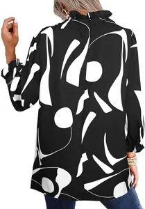 Women's long sleeve abstract print blouse with ruffled mock neck, elegant casual top.